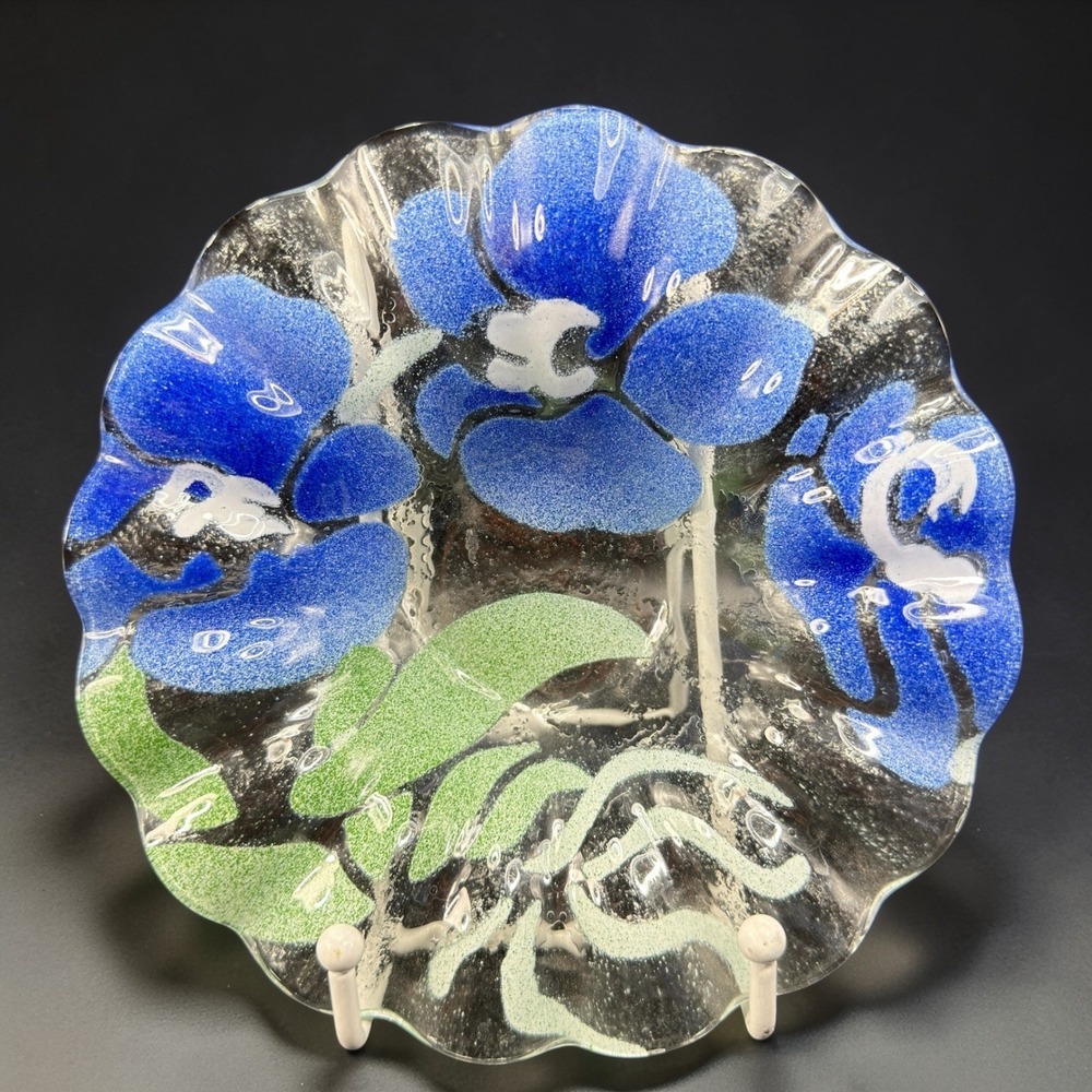 SYDENSTRICKER Glass Fused Blue Flower Bowl Dish Ruffled Edge Scalloped Decor